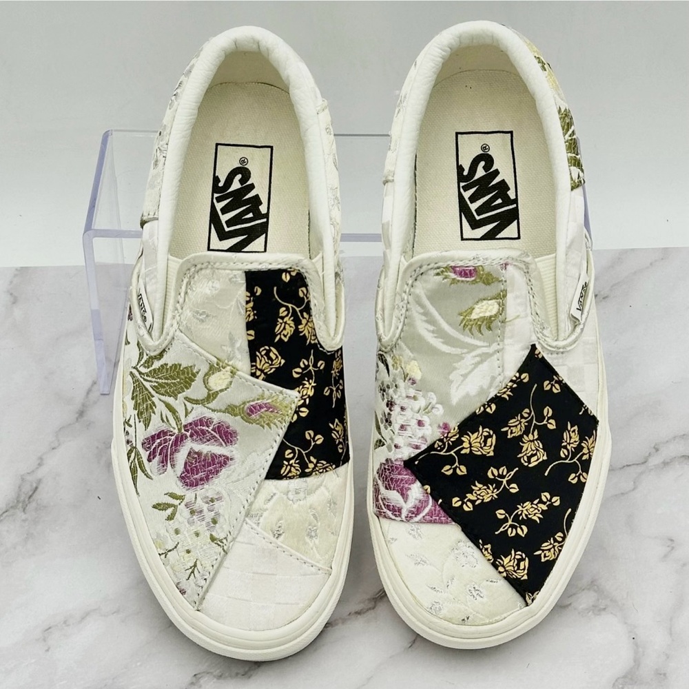 Vans Classic Slip On Shoes Womens Size 6.5 Retro Floral Patchwork White Brocade - Picture 2 of 14